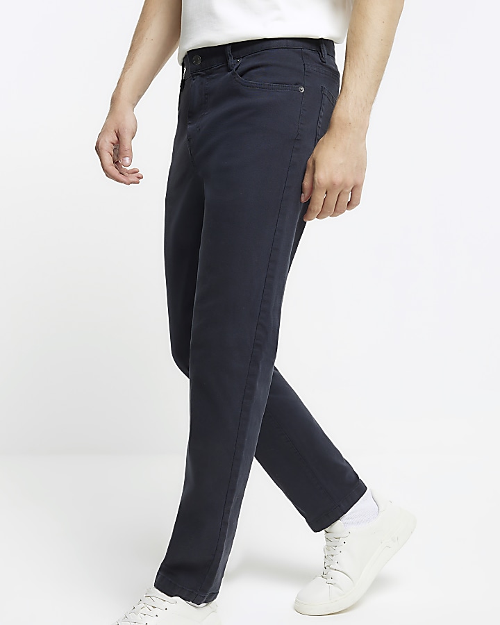Navy slim fit textured chino trousers