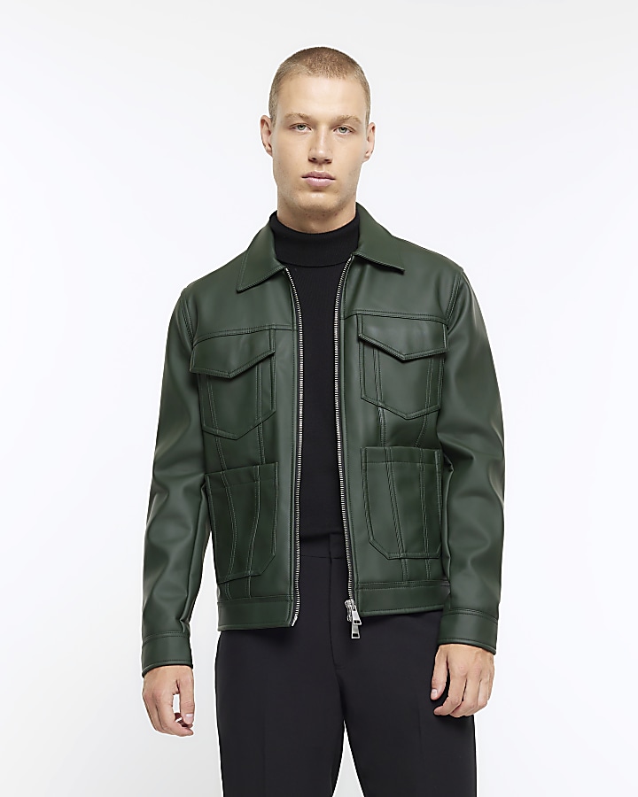 Green regular fit faux leather western jacket | River Island