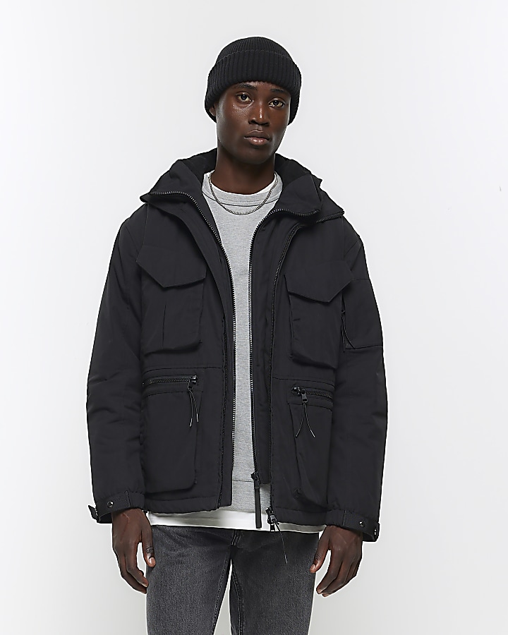Black regular fit hooded parka jacket | River Island