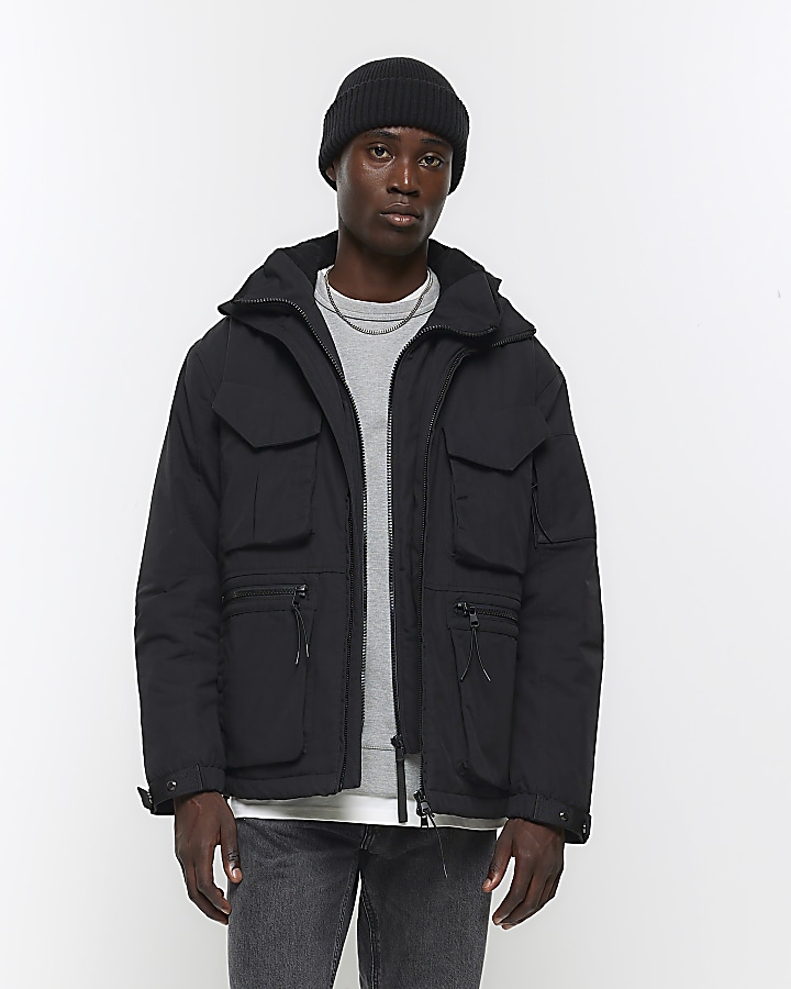 Black regular fit hooded parka jacket