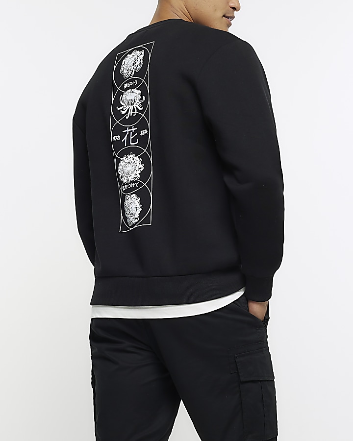 Black regular fit Japanese floral sweatshirt