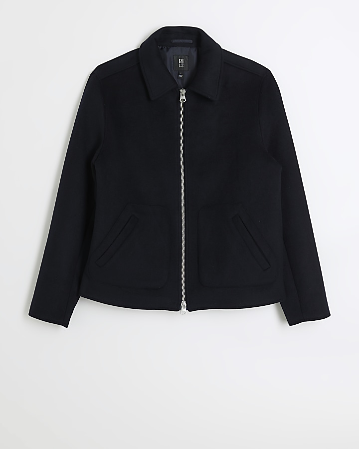 Navy regular fit wool blend Harrington jacket