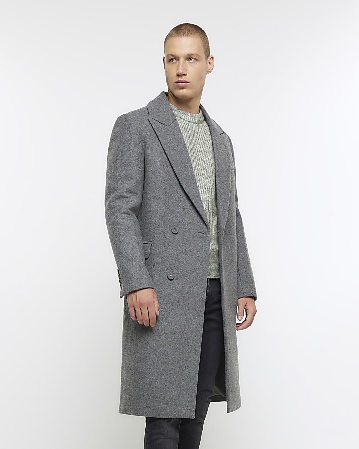 Grey regular fit wool blend longline coat