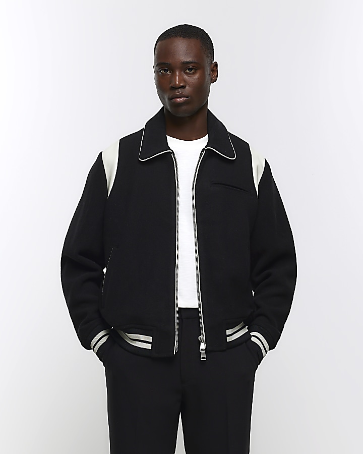 Black regular fit colour block varsity jacket | River Island