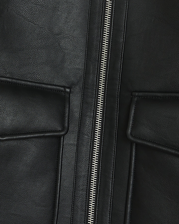 Black regular fit faux leather aviator jacket
