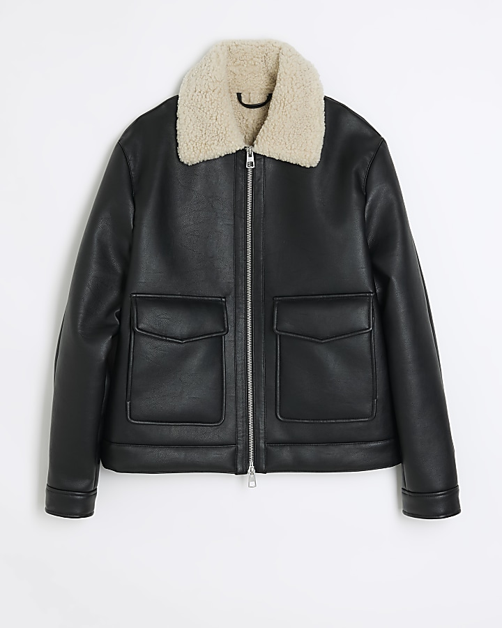 Black regular fit faux leather aviator jacket | River Island
