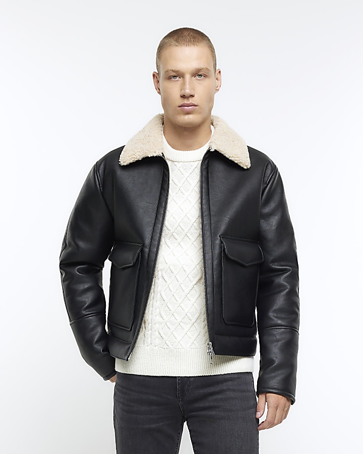 Black regular fit faux leather aviator jacket | River Island