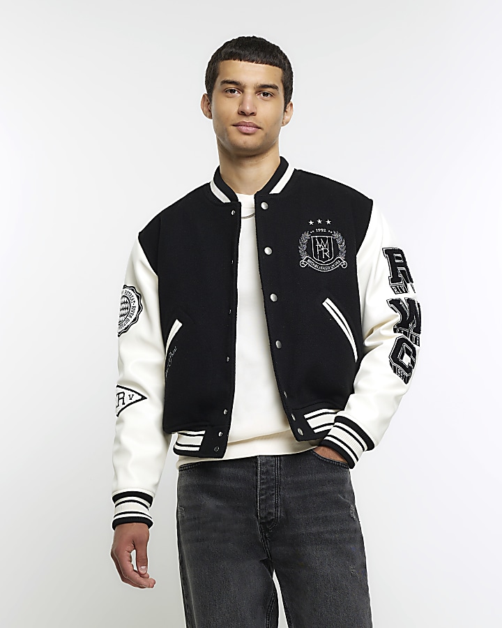 Black regular fit varsity bomber jacket