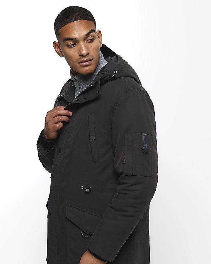 Black hooded longline parka jacket