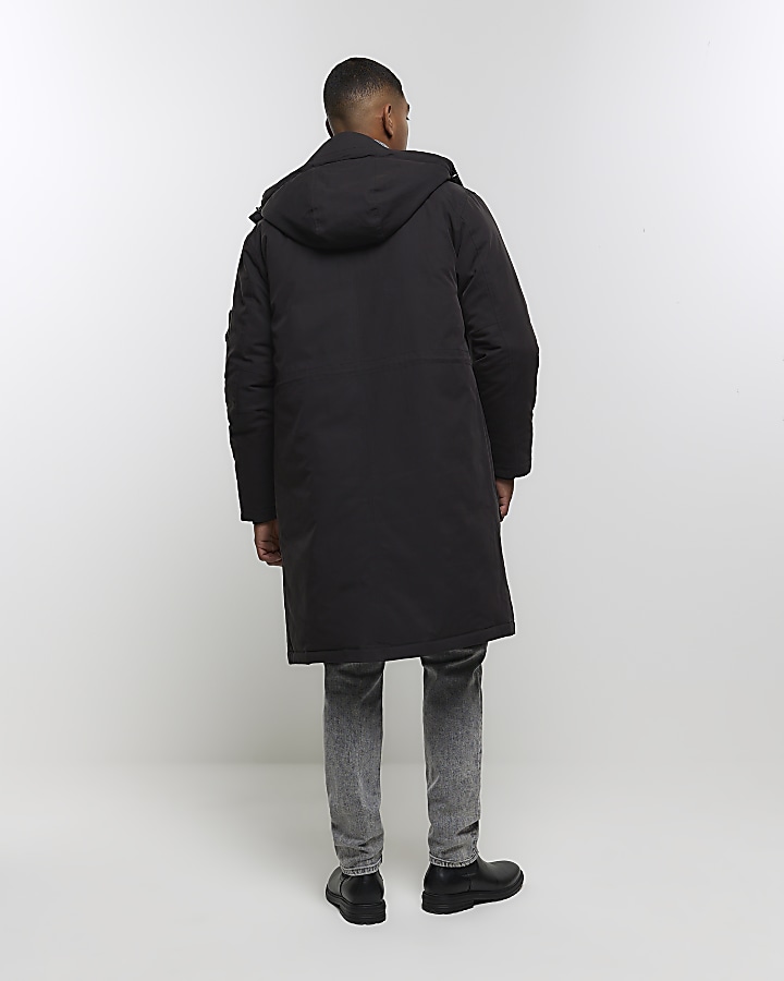 Black hooded longline parka jacket