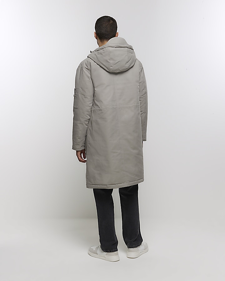 Grey hooded longline parka jacket