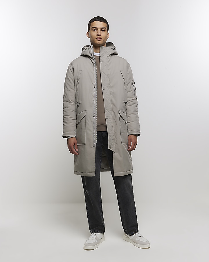 Grey hooded longline parka jacket River Island