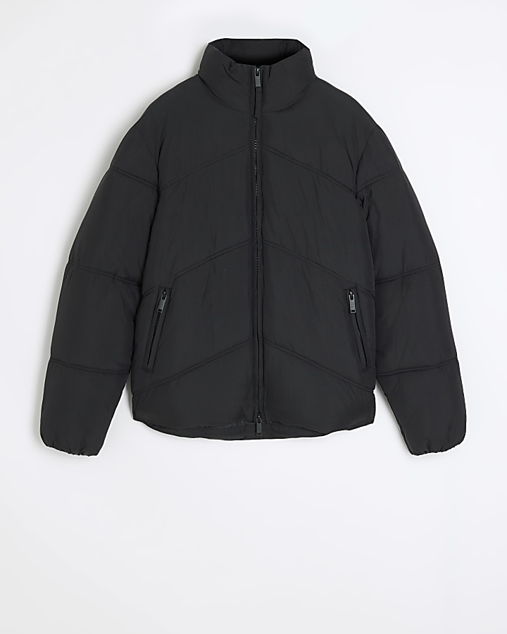 Black regular fit funnel puffer jacket | River Island