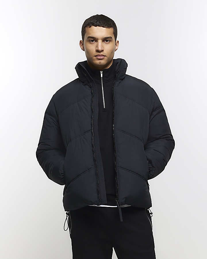 Black regular fit funnel puffer jacket | River Island