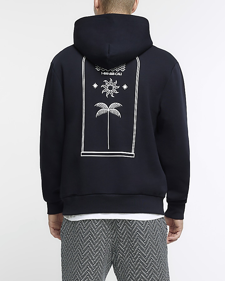Navy regular fit graphic embroidered hoodie