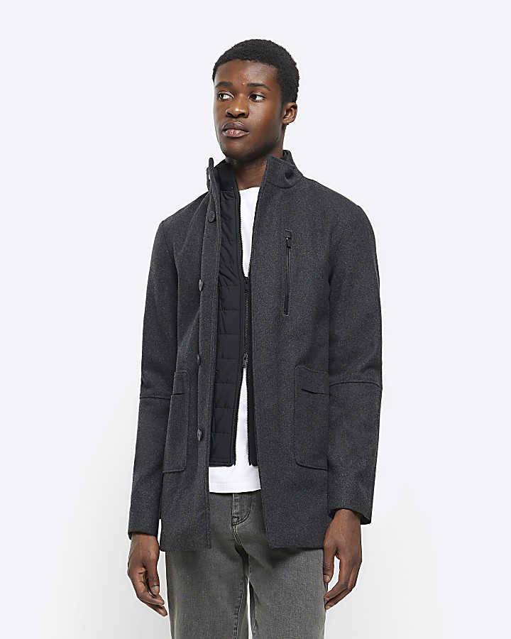 Grey regular fit wool blend jacket