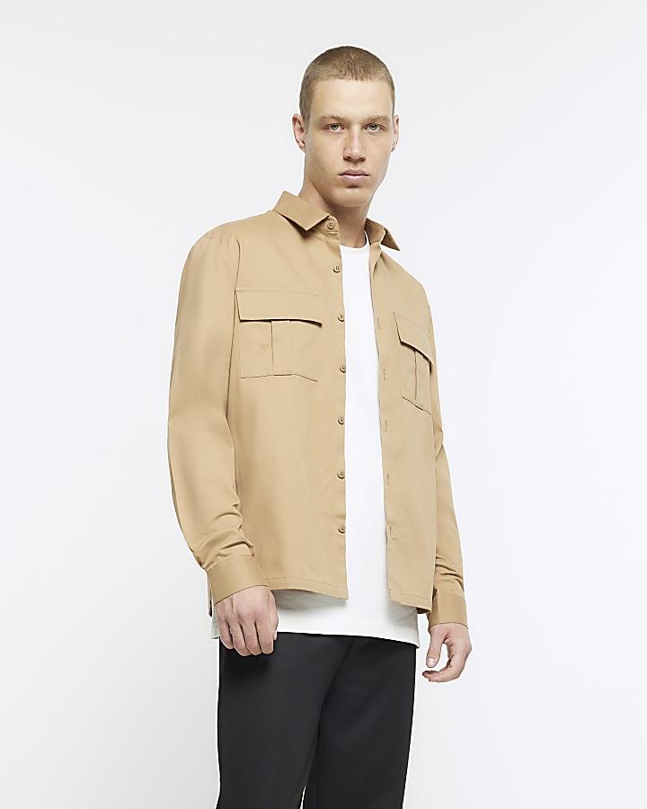 Stone regular fit long utility overshirt | River Island