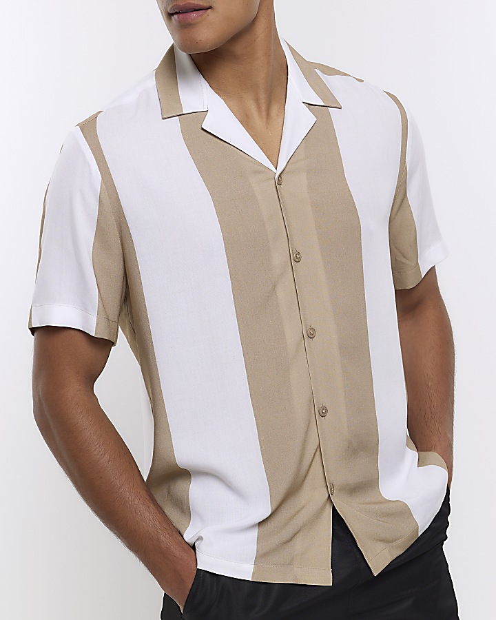 Beige regular fit striped revere shirt | River Island