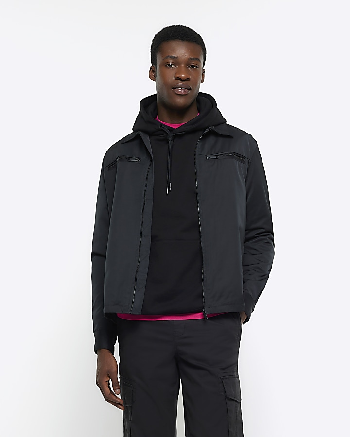 Black regular fit zip up tech shacket