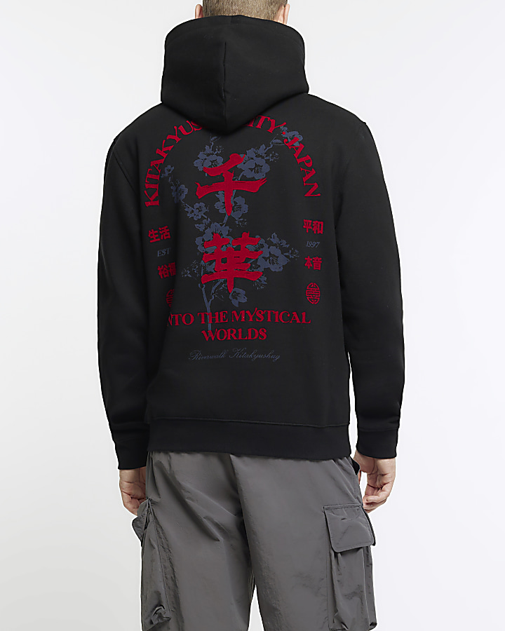 Black regular fit Japanese graphic hoodie