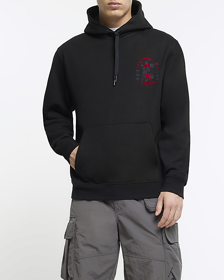 Black regular fit Japanese graphic hoodie
