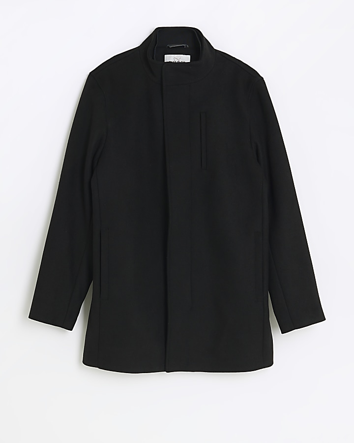 Black regular fit wool blend coat
