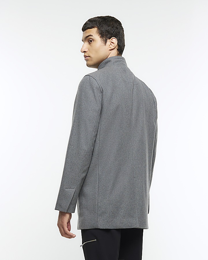 Grey regular fit wool blend coat
