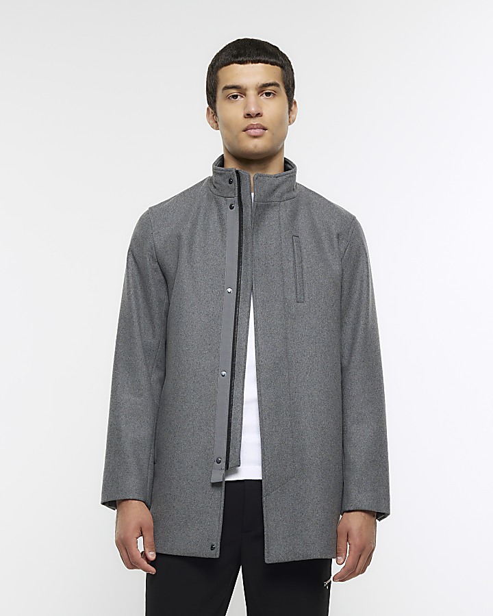 Grey regular fit wool blend coat