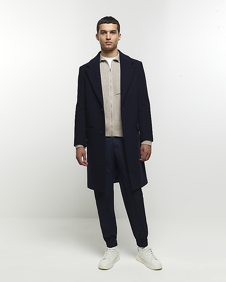 Navy regular fit wool blend premium coat | River Island