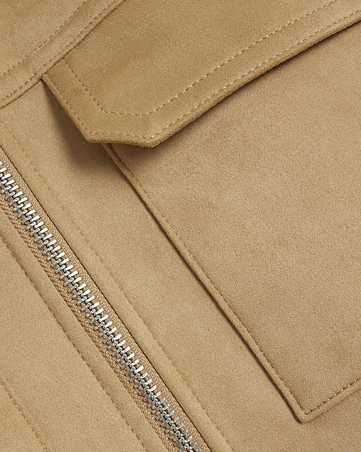 Brown regular fit shearling western jacket