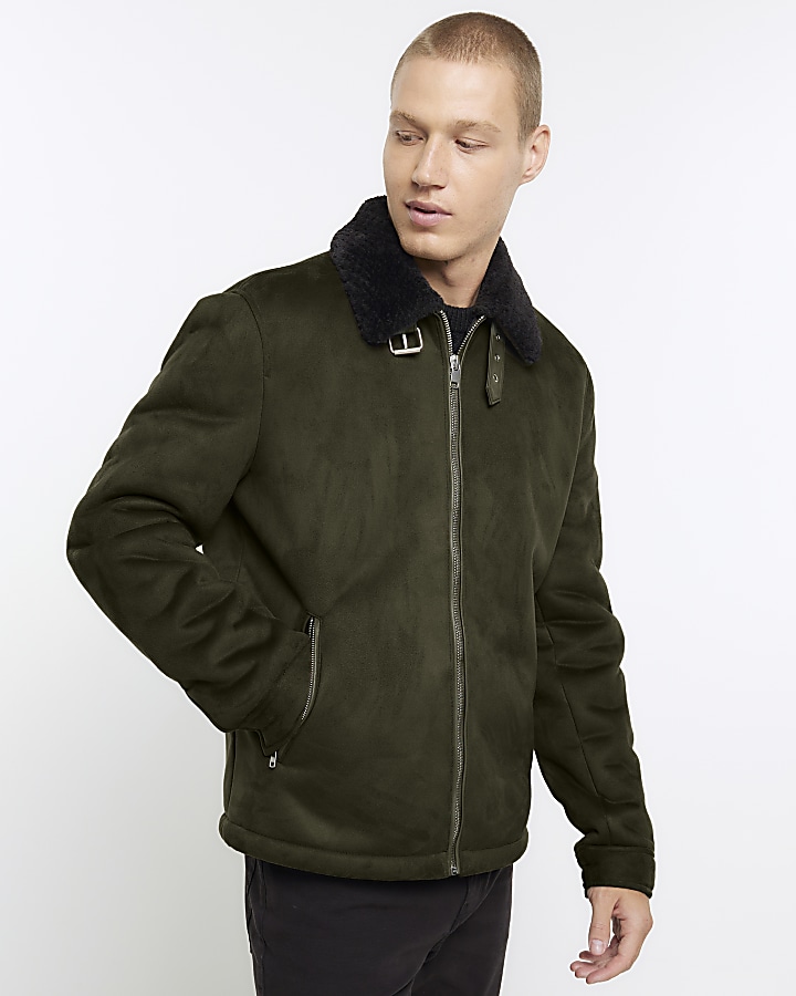 Green regular fit shearling aviator jacket