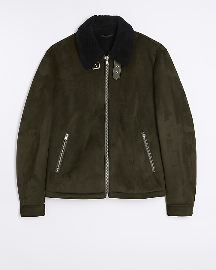 Green regular fit shearling aviator jacket | River Island