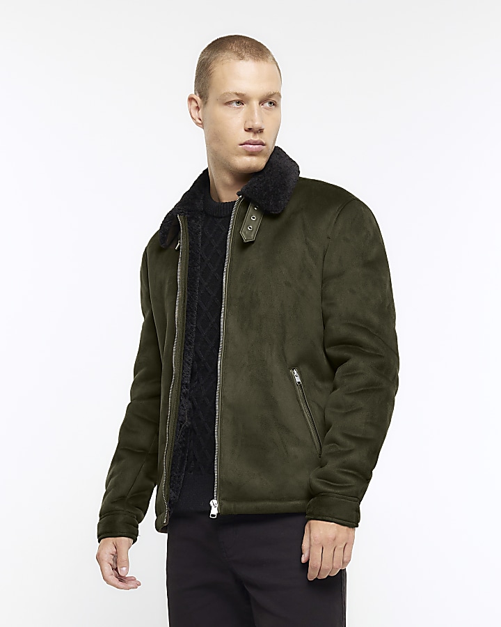 Green regular fit shearling aviator jacket