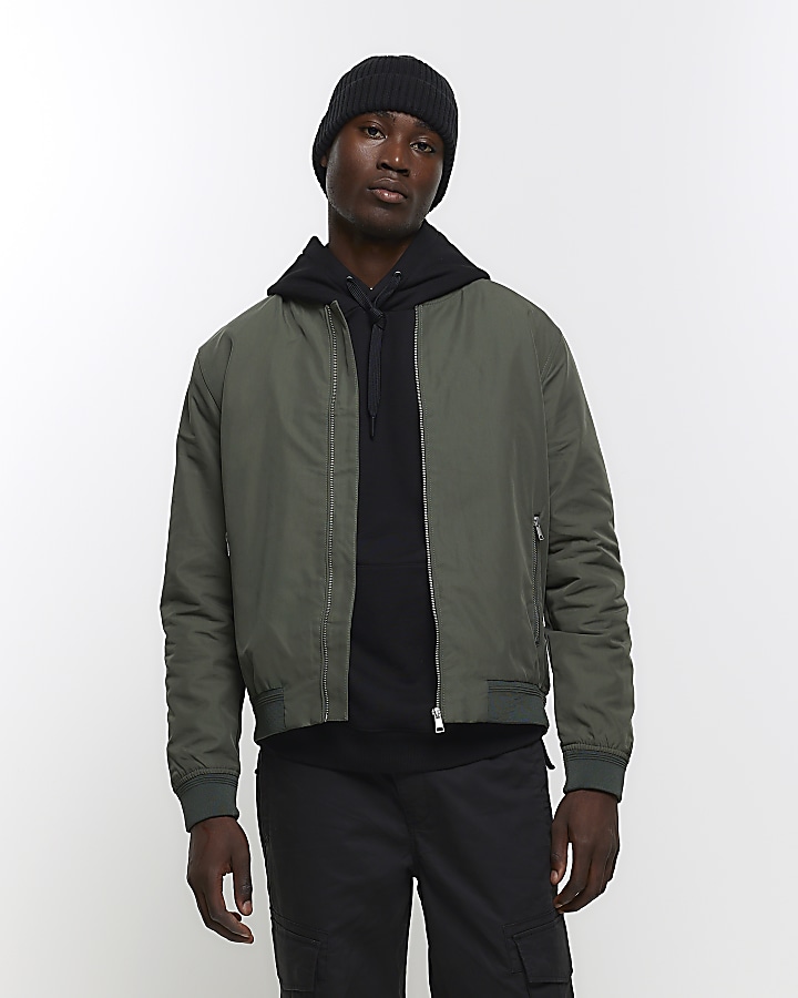 Green regular fit zip up bomber jacket