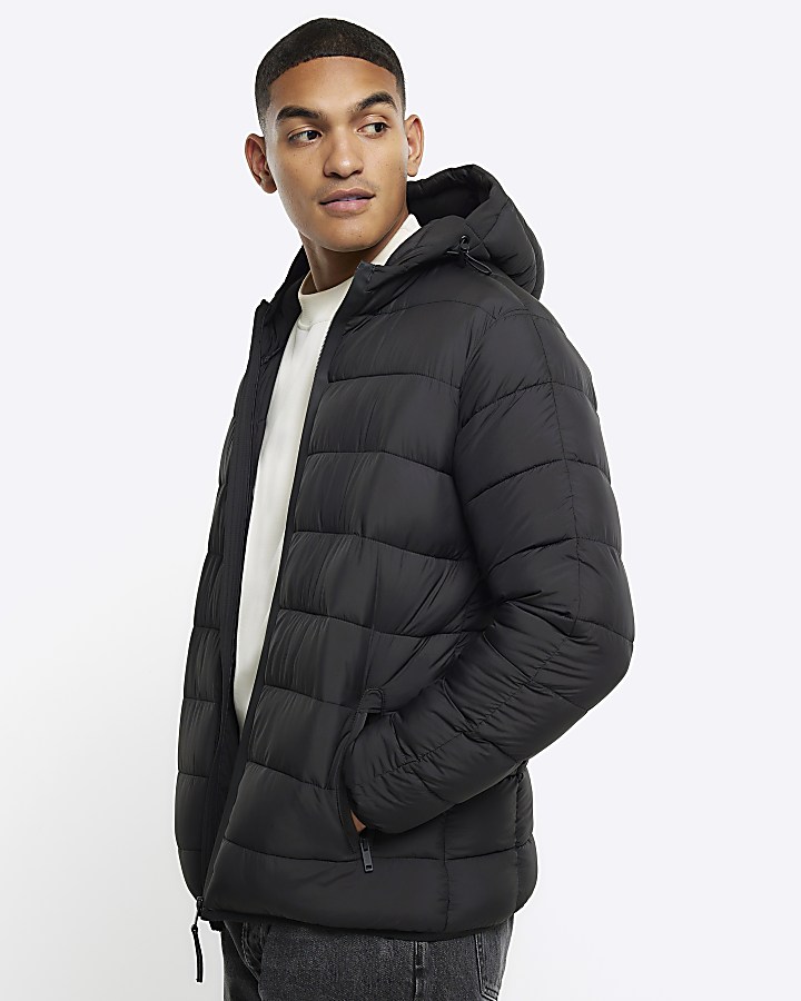 Black regular hooded quilted puffer jacket | River Island
