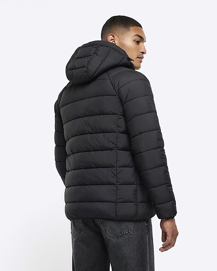 Black regular hooded quilted puffer jacket