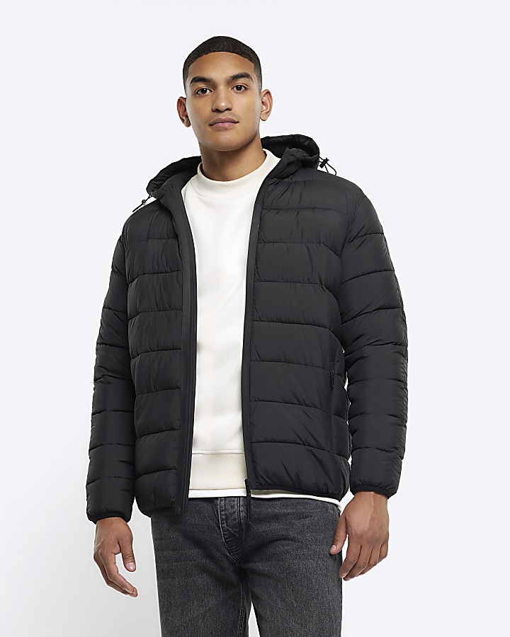 Black regular hooded quilted puffer jacket | River Island