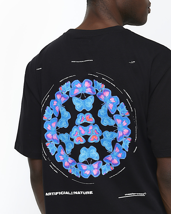 Black regular fit neon butterfly t-shirt