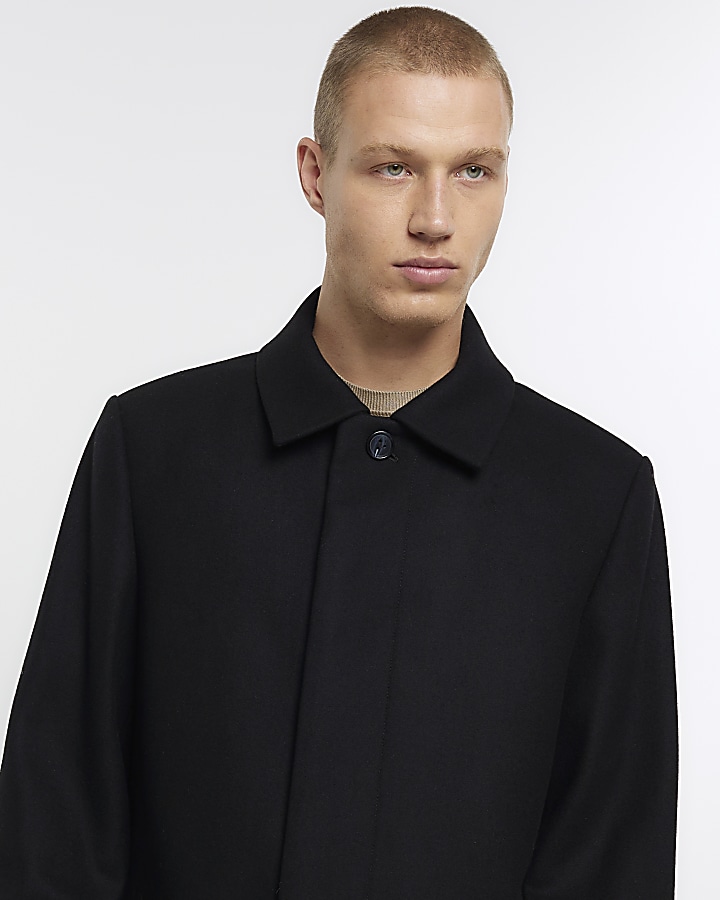 Black regular wool blend longline car coat