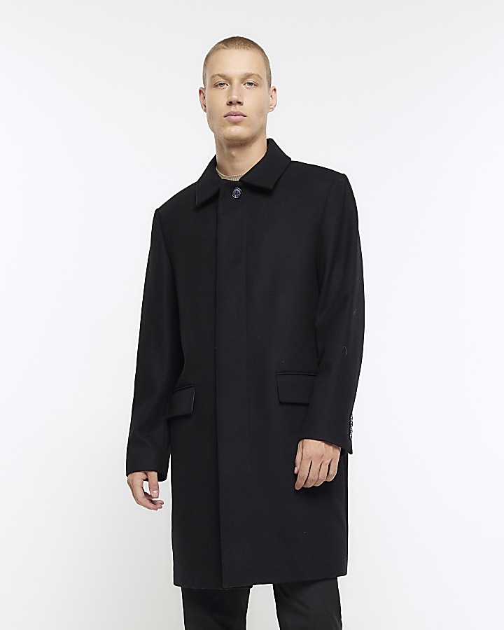 Black regular wool blend longline car coat