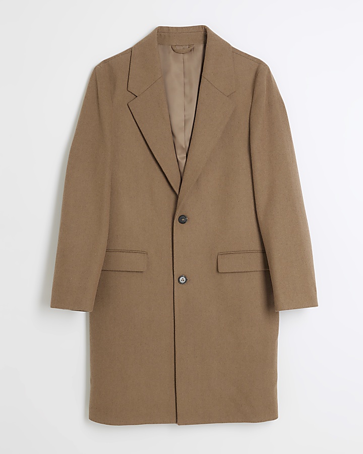 Brown regular fit wool blend longline coat