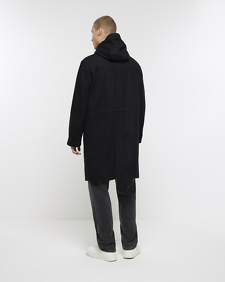 Black regular fit wool blend parka coat