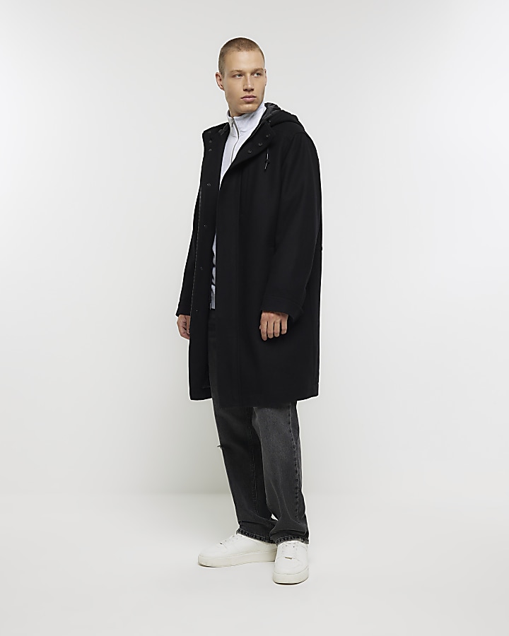 Black regular fit wool blend parka coat