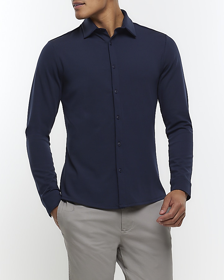 Navy muscle fit stretch long sleeve shirt
