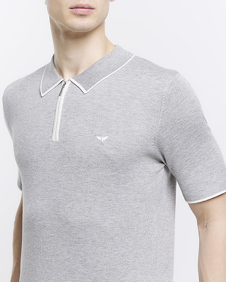Grey slim fit knitted quarter zip polo