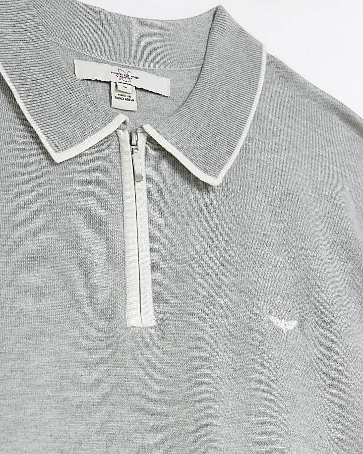 Grey slim fit knitted quarter zip polo
