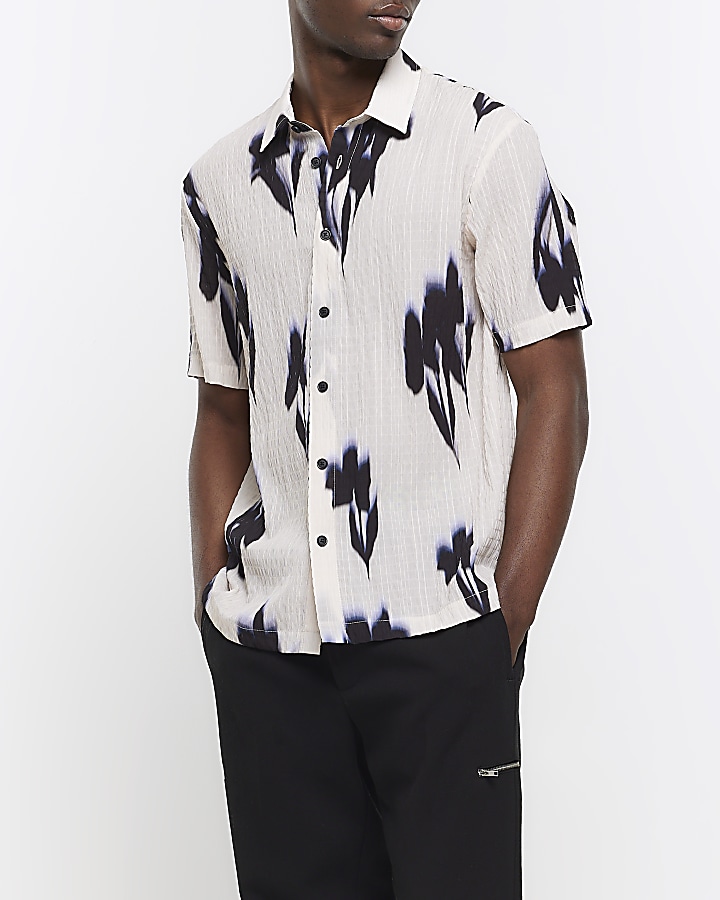 Beige regular fit textured abstract shirt