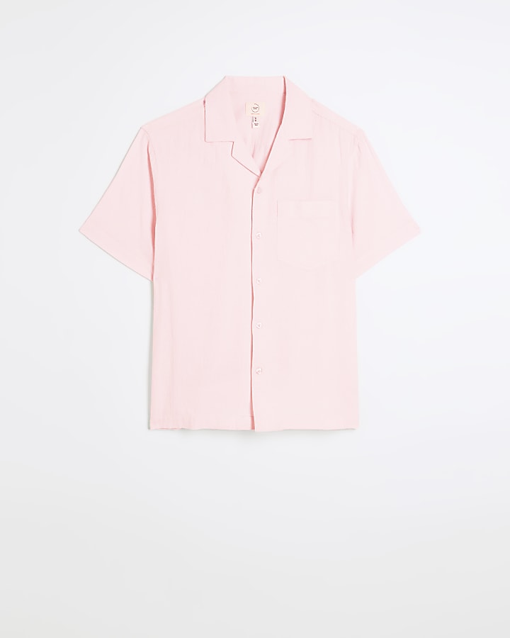 Pink regular fit linen blend revere shirt