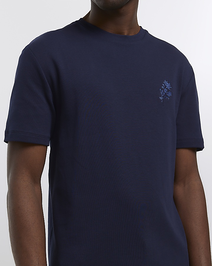 Navy slim fit chest embroidery t-shirt