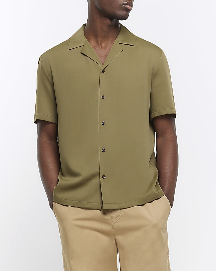 Khaki regular fit revere short sleeve shirt | River Island